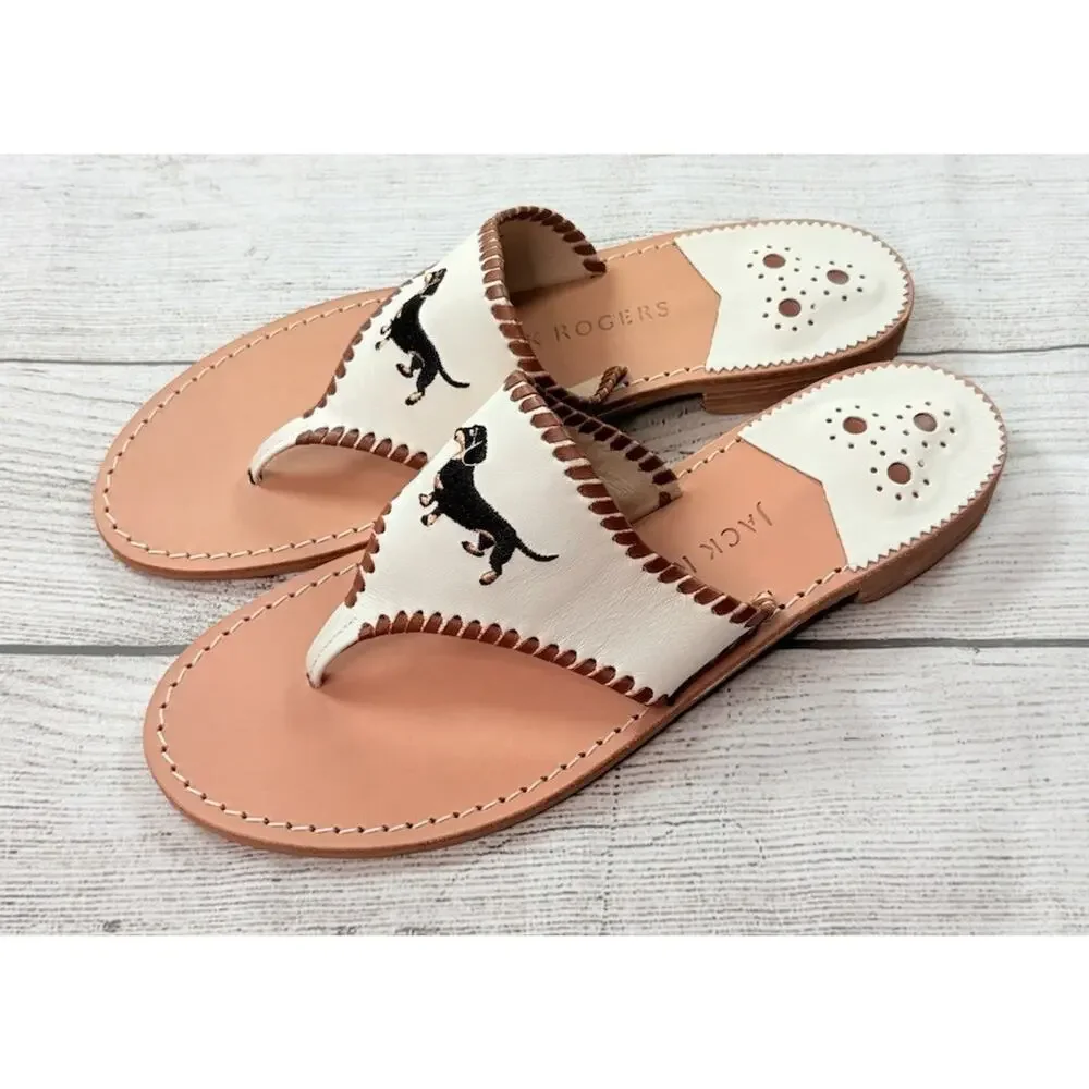 Jack Rogers Embroidered Leather Thong Sandals Dachshund Dog White Brazil Size 11 - Picture 2 of 7